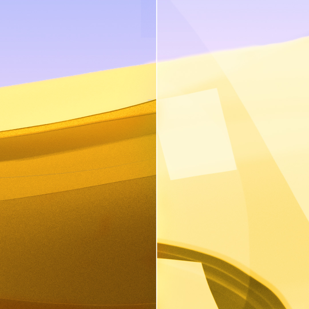 Imágenes divididas de un lente transparente y limpio con ZEISS DuraVision Gold UV y un lente con reflejos intensos.