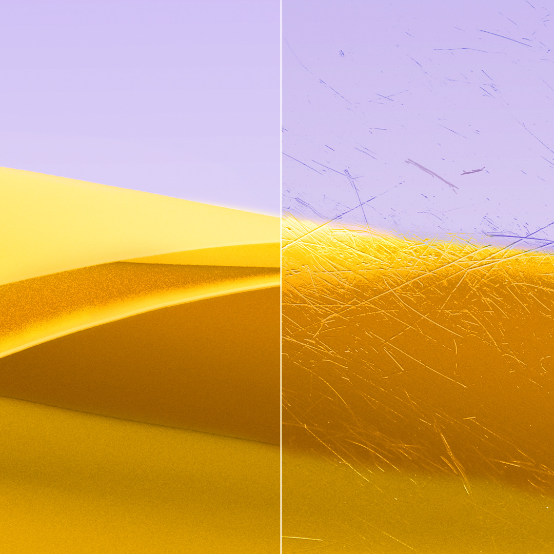 Imágenes divididas de un lente transparente y limpio con ZEISS DuraVision Gold UV y un lente con rayones.