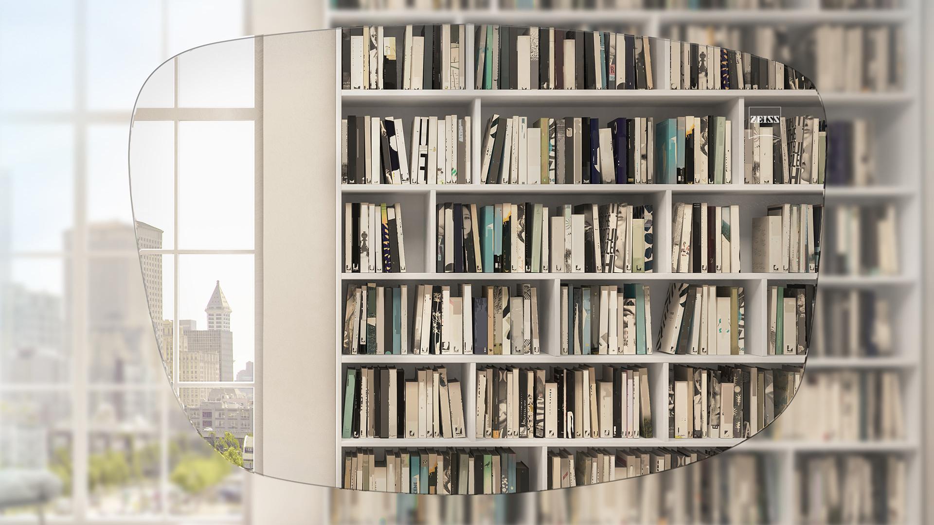Vista a través de un lente de visión sencilla ZEISS Superb de una estantería de libros y una ventana 