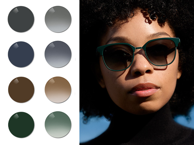 Mujer joven, con lentes ZEISS Sun Rx en gradiente Black. A continuación, se visualizan los colores Black, Grey, Brown y un grey-green Pioneer en tono uniforme y gradiente.
