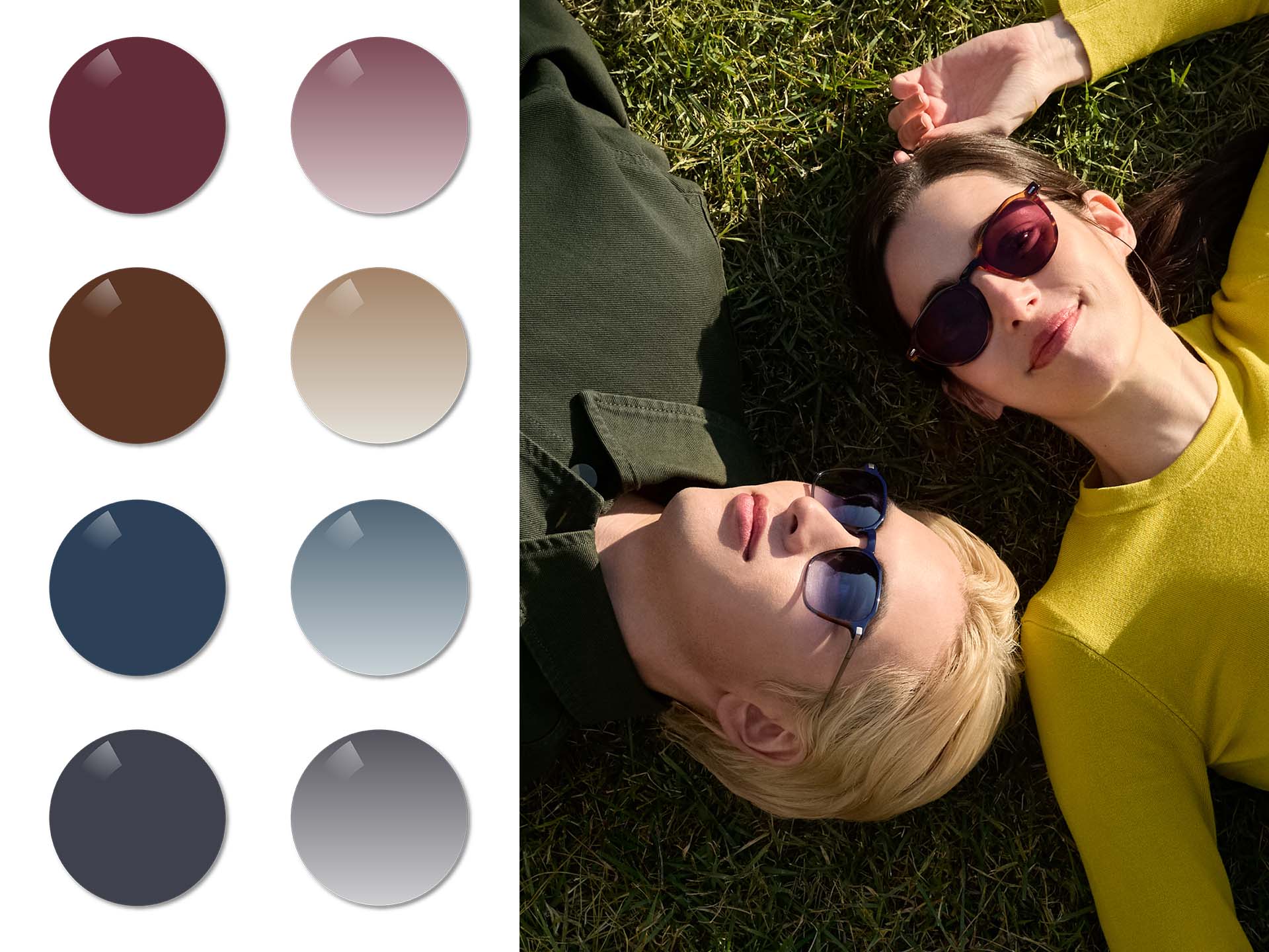 Hombre con lentes ZEISS Sun Rx en gradiente Midnight Blue y mujer que luce lentes solares con prescripción ZEISS en color Burgundy uniforme, tumbados sobre la hierba. A continuación, se visualizan los colores Burgundy, Copper Brown, Midnight Blue y Dusk Grey en tinte uniforme y en gradiente.