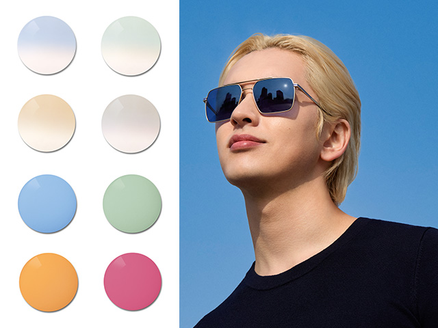 Hombre joven, con lentes ZEISS Sun Rx de tinte azul uniforme. A continuación, se visualiza la paleta de colores de los tintes especiales, que va desde los gradientes pastel hasta los tintes uniformes, fuertes y coloridos.