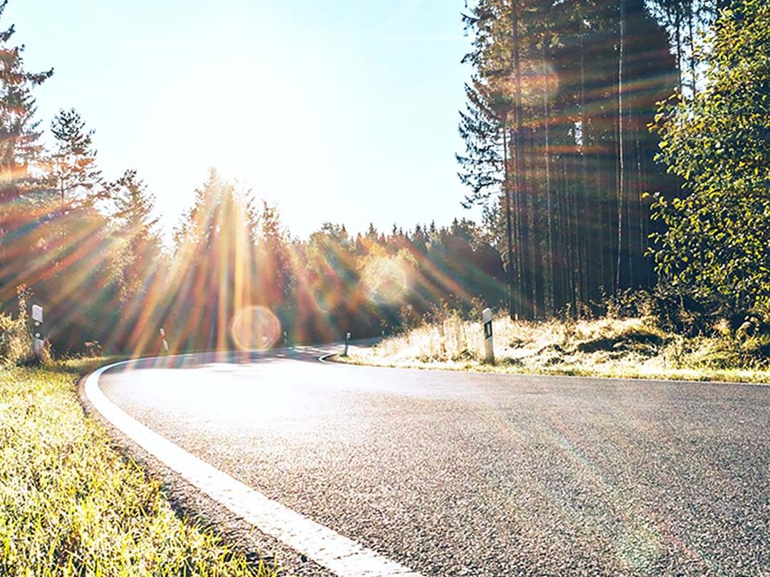 Imagen desplazable en la que una mitad muestra una carretera en el bosque con la luz brillante del sol, y la otra mitad muestra la misma carretera con el resplandor reducido y el contraste aumentado, lo que destaca el efecto de los lentes solares polarizados.