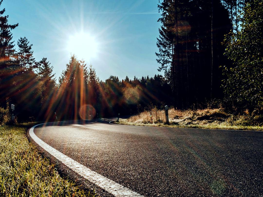 Imagen desplazable en la que una mitad muestra una carretera en el bosque con la luz brillante del sol, y la otra mitad muestra la misma carretera con el resplandor reducido y el contraste aumentado, lo que destaca el efecto de los lentes solares polarizados.
