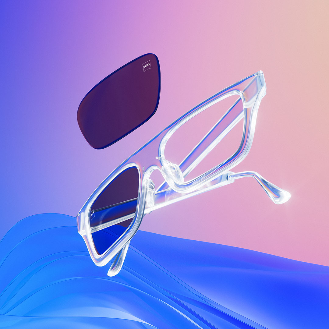 Ilustración CGI en 3D de un armazón para lentes transparentes con prescripción y cristales tintados.