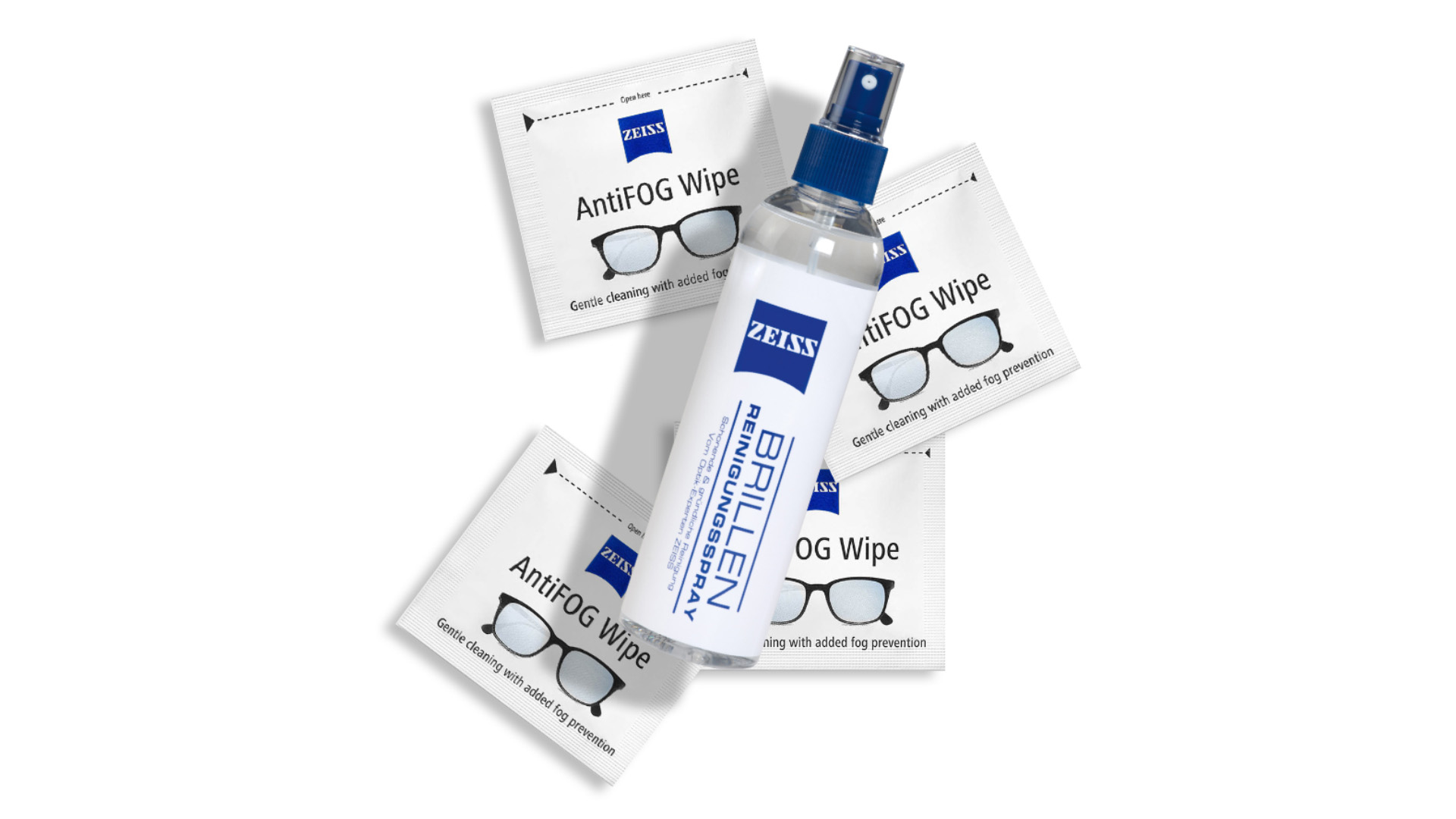 Imagen de las toallitas limpiadoras y el rociador de limpieza para lentes ZEISS.