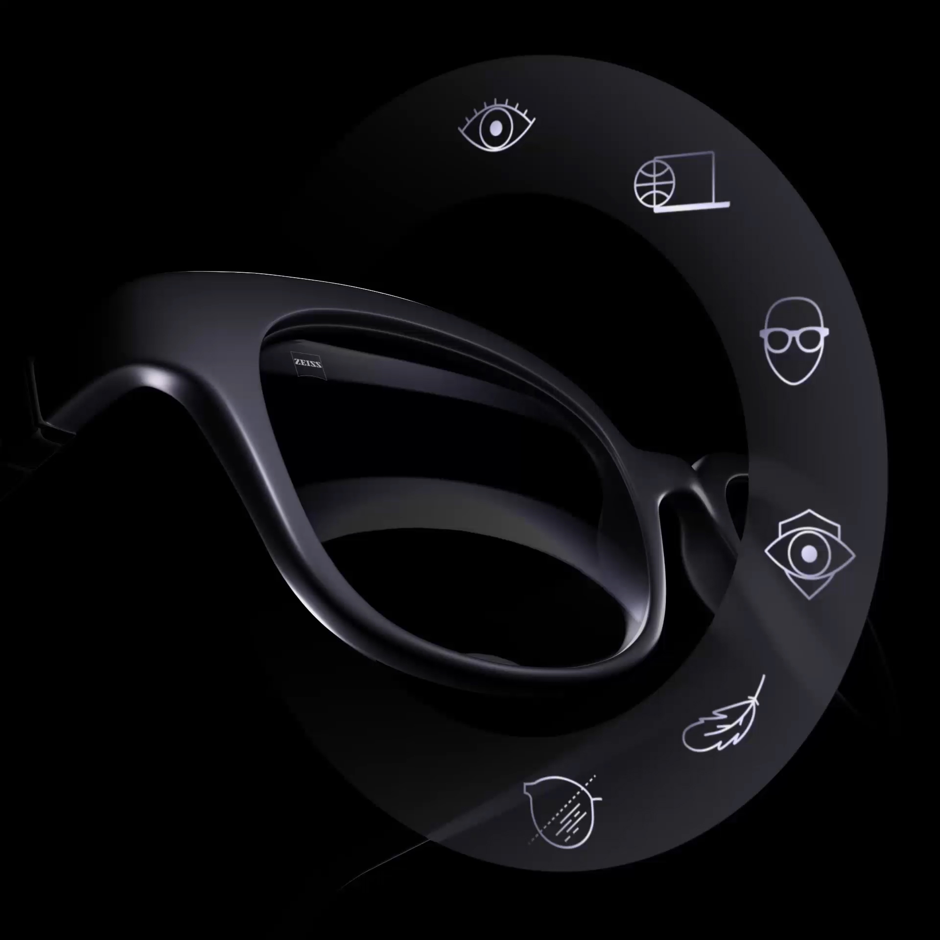Animación de lentes ZEISS en un armazón negro con íconos que representan lo que hace un buen lente.  