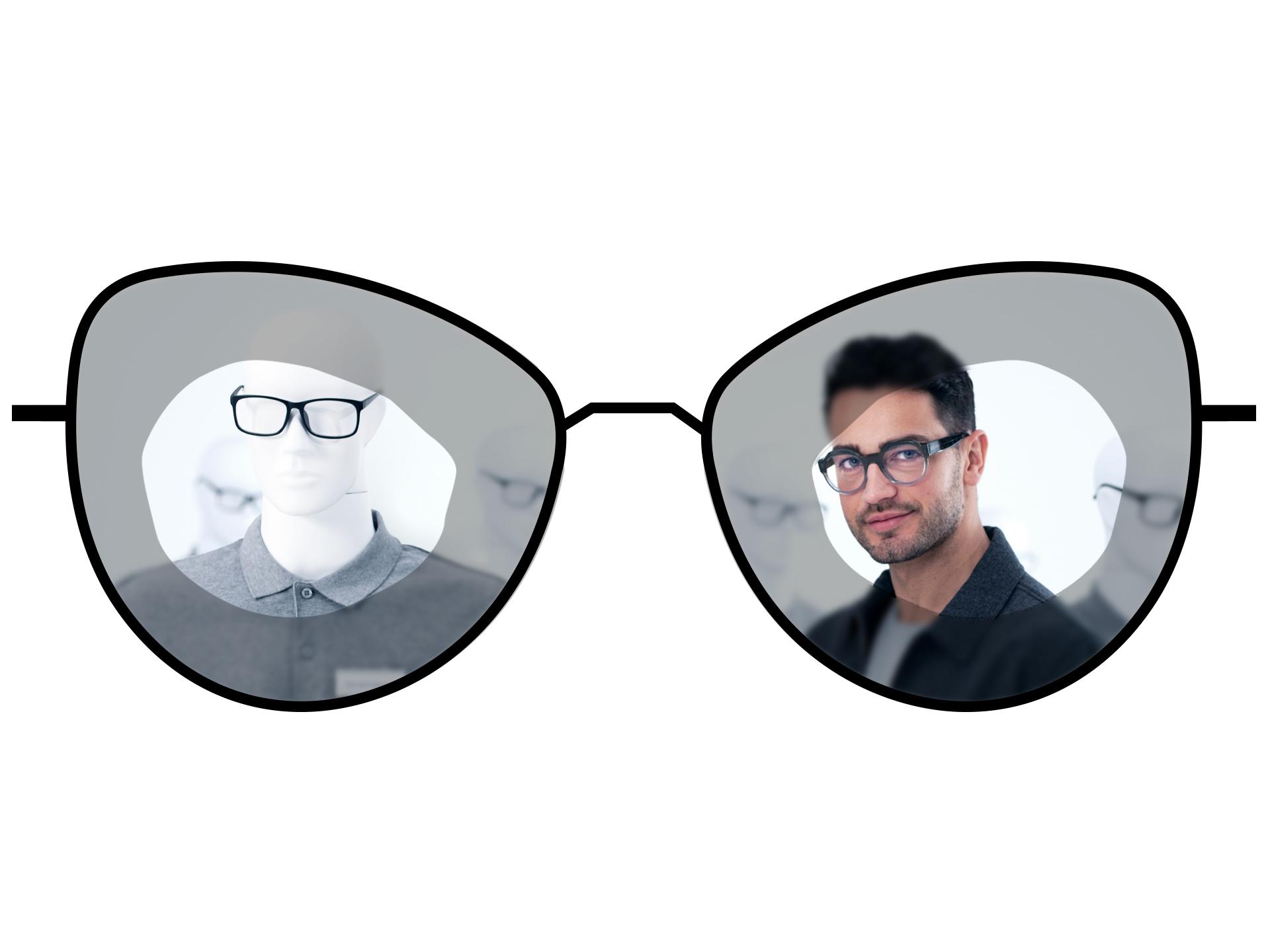 Ilustración de lentes que muestra las zonas borrosas de los lentes monofocales estándar en comparación con las grandes zonas nítidas de los lentes monofocales ZEISS ClearView.