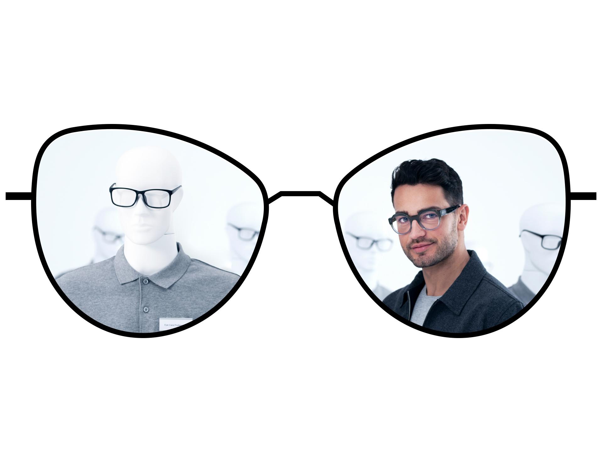Ilustración de lentes que muestra las zonas borrosas de los lentes monofocales estándar en comparación con las grandes zonas nítidas de los lentes monofocales ZEISS ClearView.