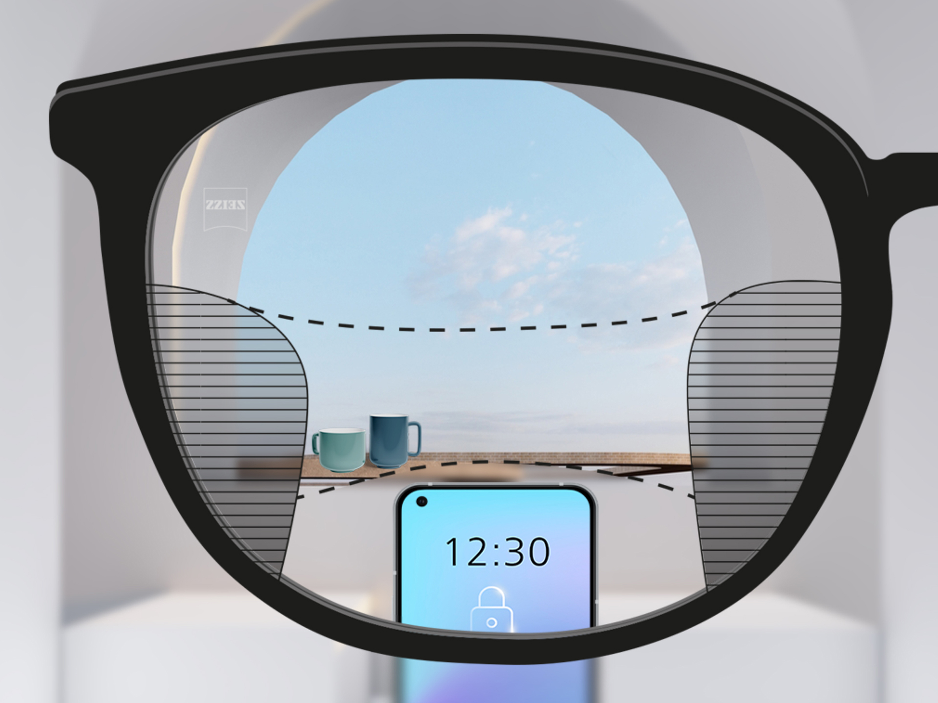 Imagen de un punto de vista a través de un lente progresivo ZEISS SmartLife: las zonas borrosas a izquierda y derecha del lente son pequeñas y permiten amplias zonas de visión nítida.