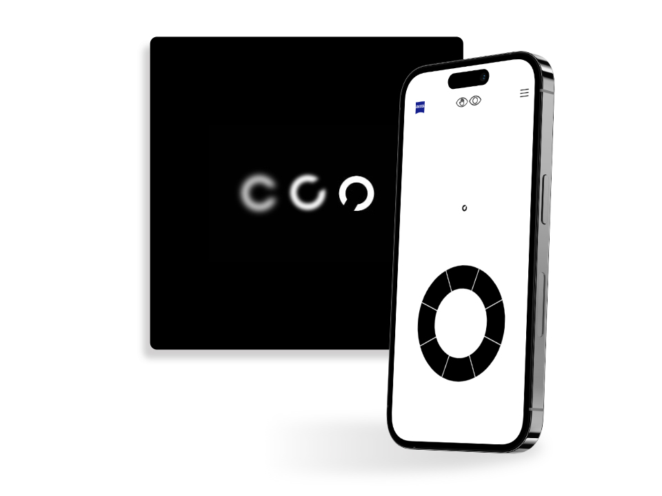 Un smartphone con una pantalla de un ejercicio de examen de visión en línea de ZEISS, frente a un botón cuadrado negro que muestra círculos de diferente nitidez con una abertura en distintas direcciones, utilizados habitualmente en los exámenes de visión.