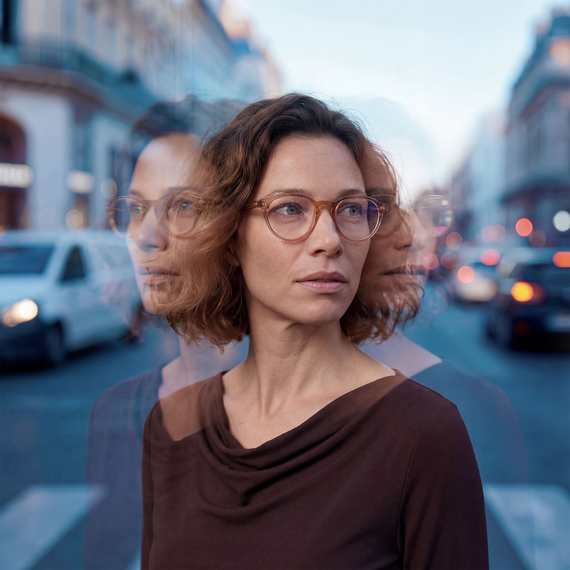 Una persona que usa gafas convencionales en una calle bulliciosa con efectos de varias exposiciones. 