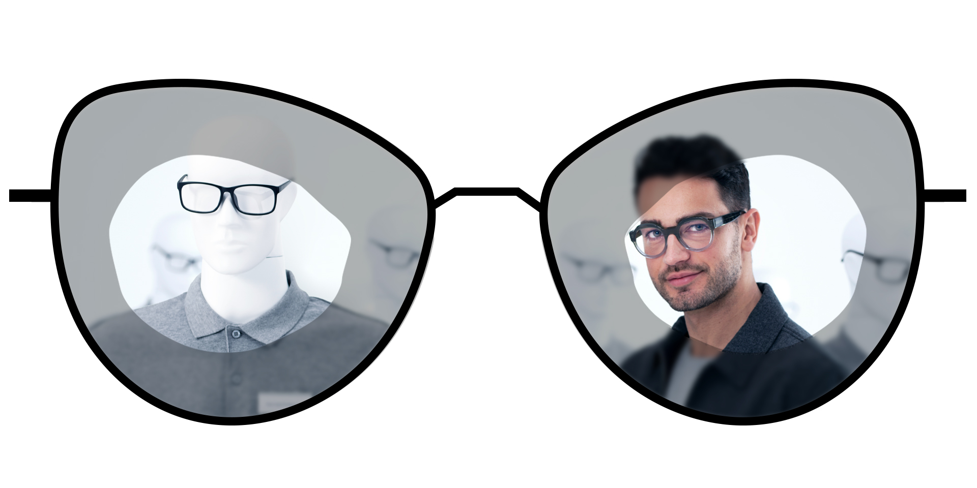 Ilustración de lentes que muestra las zonas borrosas de los lentes monofocales estándar en comparación con las grandes zonas nítidas de los lentes monofocales ZEISS ClearView.