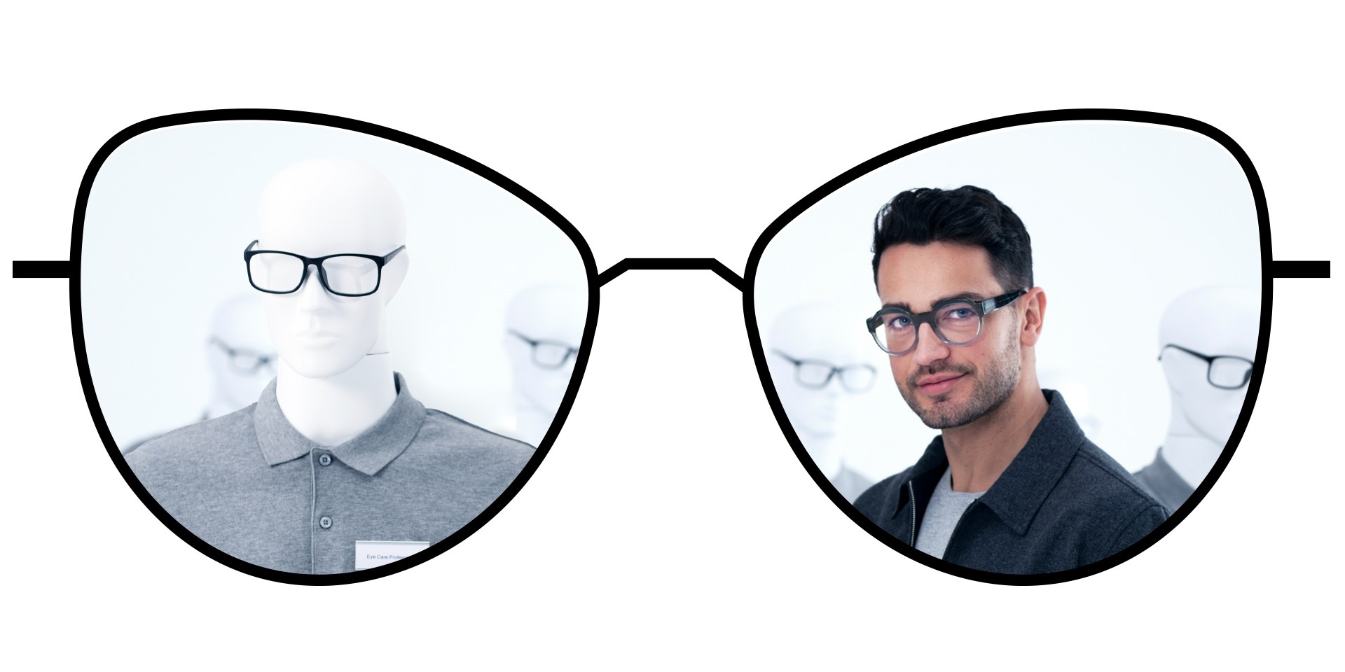 Ilustración de lentes que muestra las zonas borrosas de los lentes monofocales estándar en comparación con las grandes zonas nítidas de los lentes monofocales ZEISS ClearView.