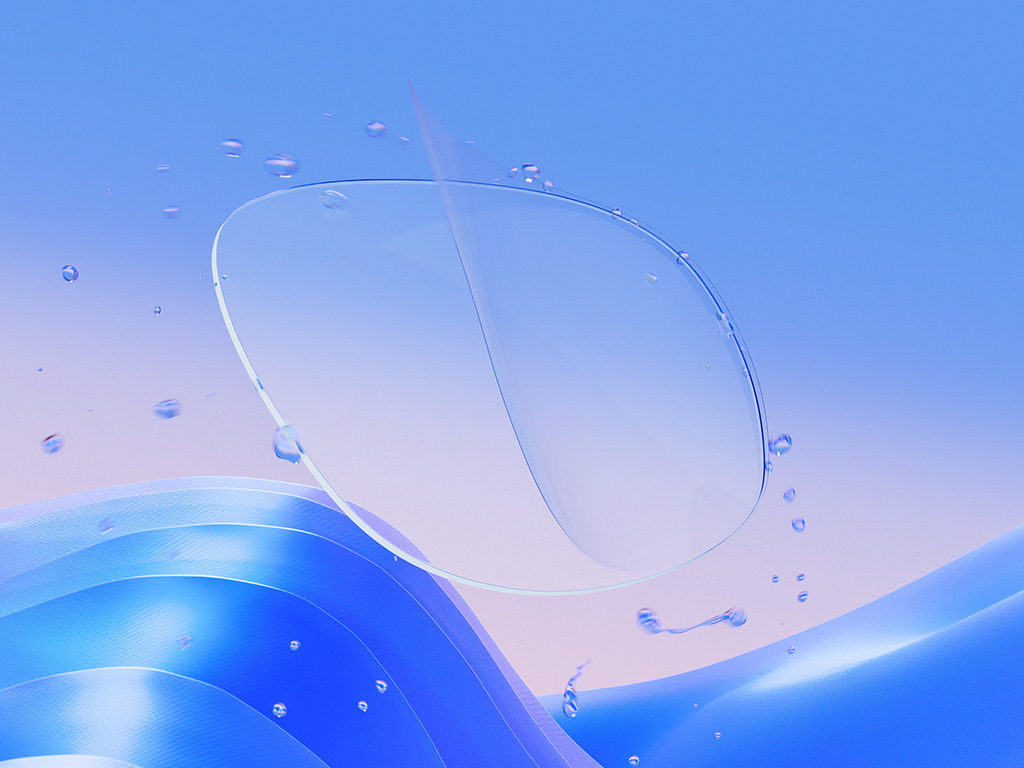 Representación por CGI de un lente transparente con una fina capa de tratamiento, que repele eficazmente las gotas de agua y muestra la nitidez y las características protectoras del lente.