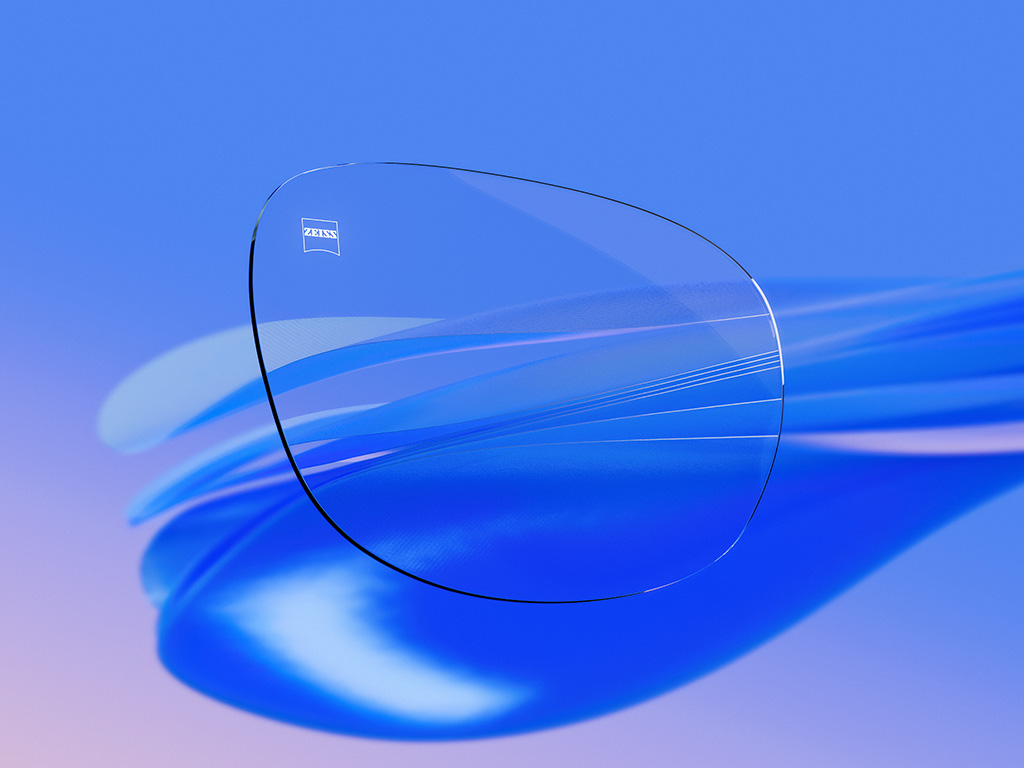 Ilustración en 3D por CGI de un lente transparente con reflejos mínimos, que destaca su excelente nitidez y calidad óptica.