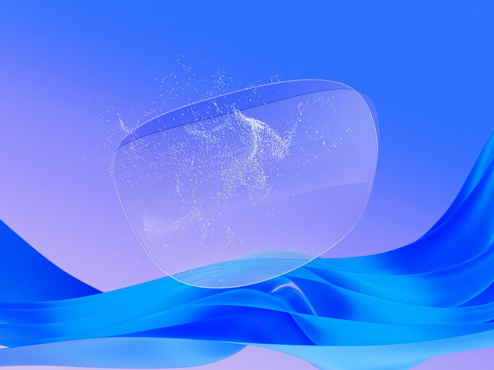 Ilustración en 3D por CGI de un lente transparente, sobre el que se aplica un protector antiestático, lo que demuestra su capacidad para repeler las partículas de polvo y mantener la superficie limpia.