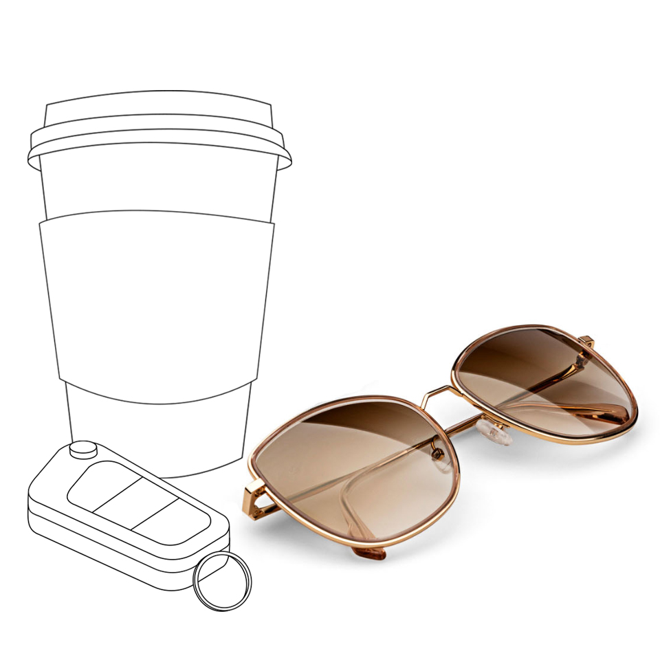 Una taza de café ilustrativa y unas llaves de vehículo junto a una imagen real de unos lentes solares ZEISS de color marrón degradado.