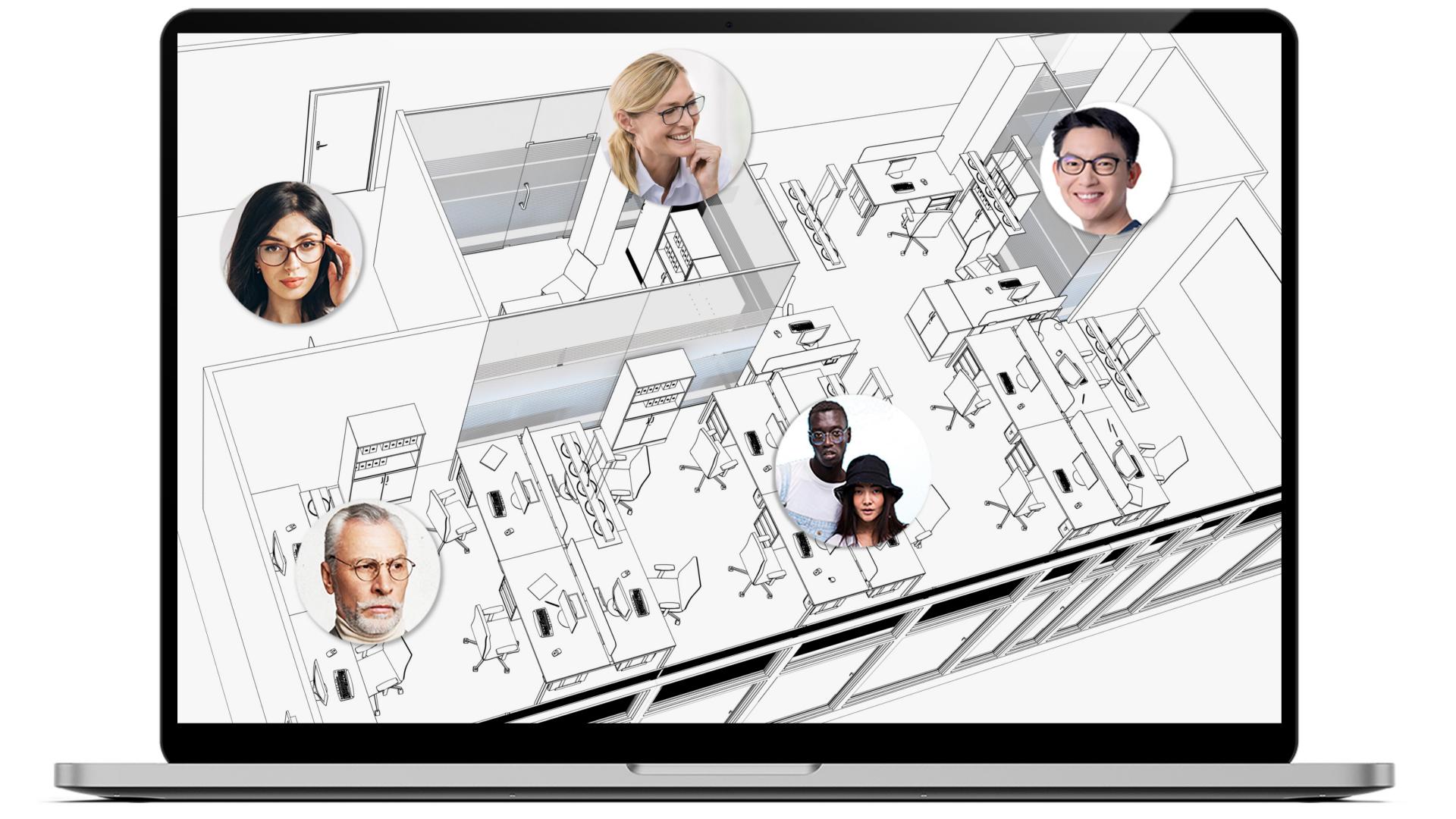 Computador portátil con la distribución de la oficina en la pantalla, que muestra dónde se encuentran los distintos compañeros de trabajo. Cada zona tiene un pequeño círculo con diferentes personas, todas ellas con lentes para la oficina ZEISS Office.