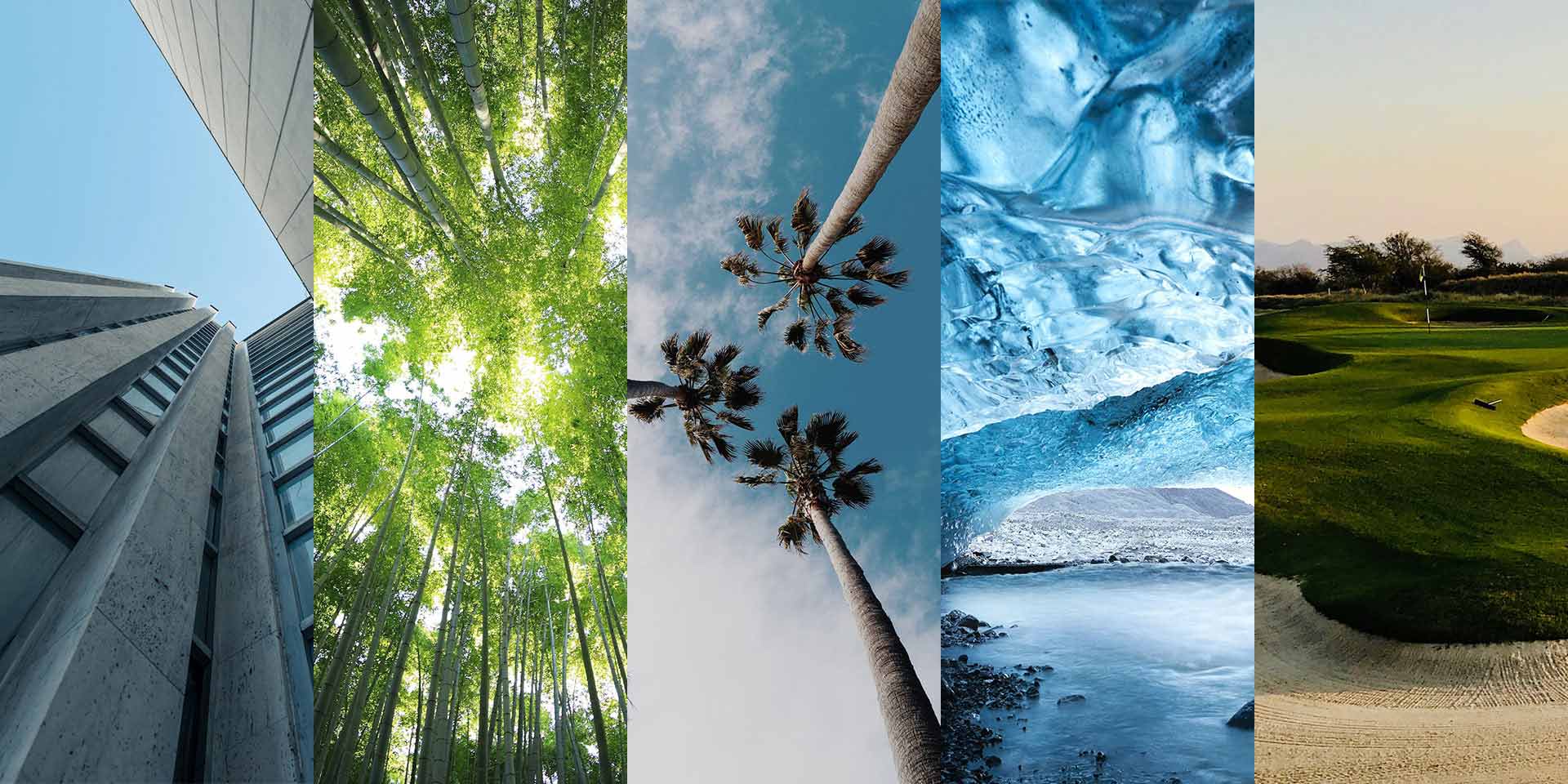 Imágenes de diferentes situaciones al aire libre: entorno urbano, bosque, playa y campo de golf. 