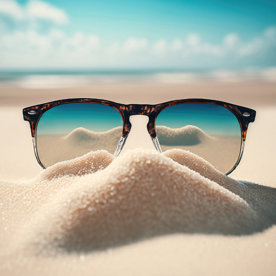 Lentes de sol con efecto espejado clavadas en la arena de una playa.