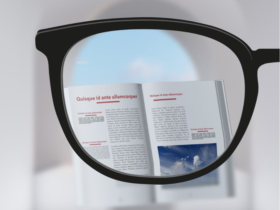  Una imagen desde un punto de vista con lentes monofocales ZEISS ClearView con un libro y el lente se ve completamente nítido, además de la parte exterior del lente. 