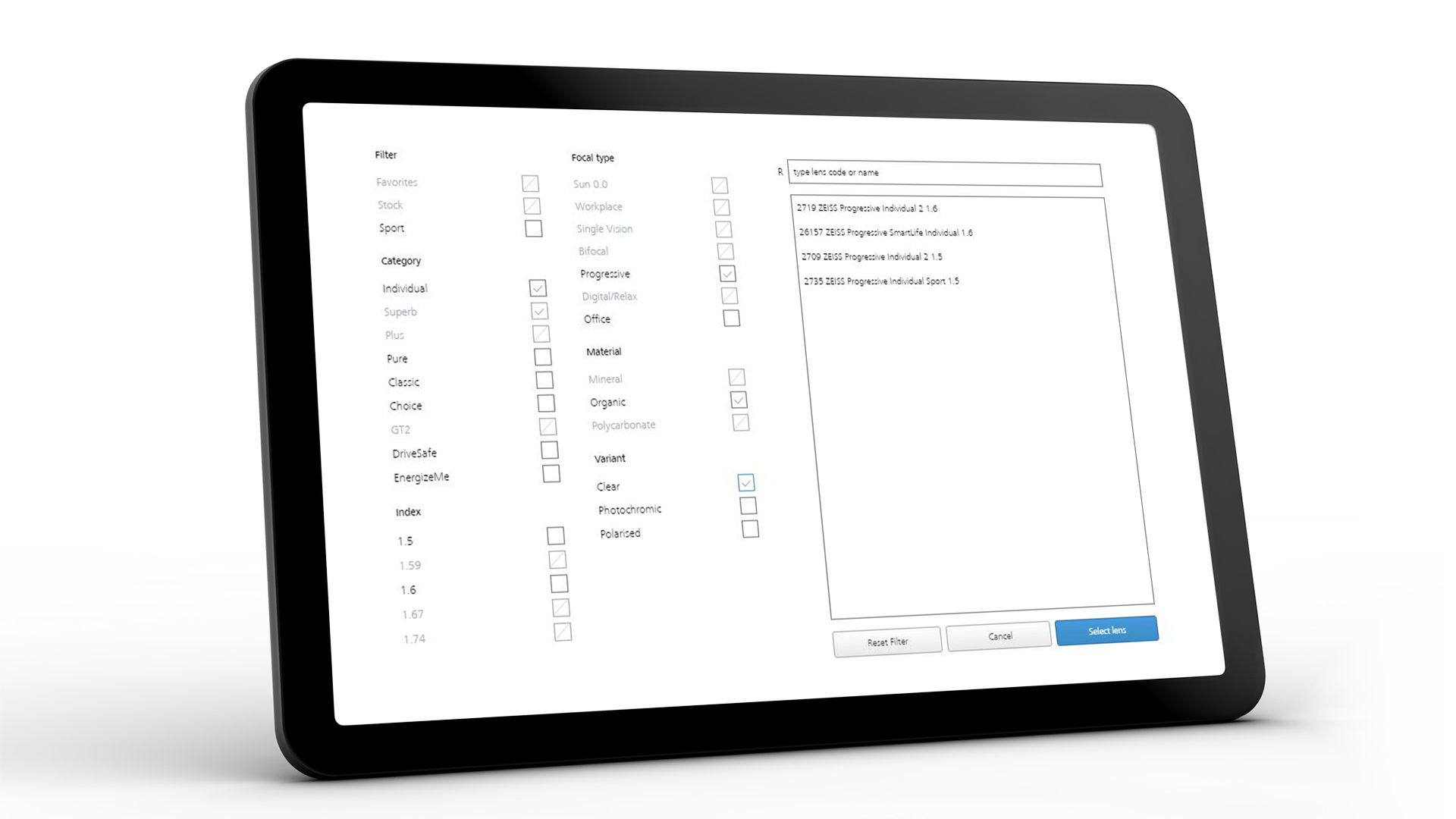 Pantalla de tableta con la interfaz de ZEISS VISUSTORE para varios mensajes de ayuda 