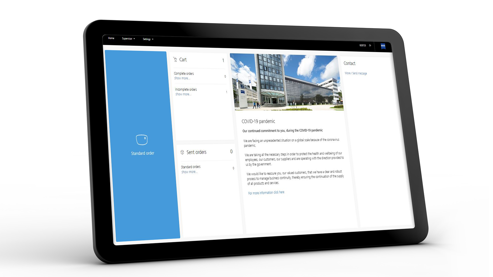 Pantalla de tableta con la interfaz de ZEISS VISUSTORE para pedidos estándar 