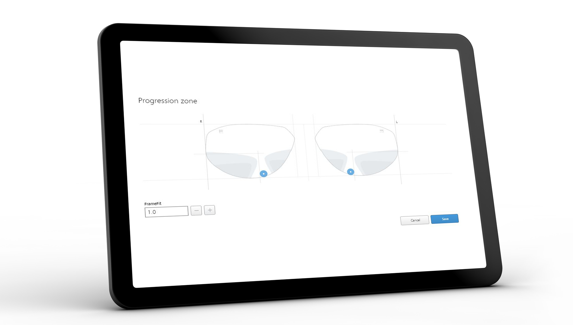 Pantalla de tableta con la interfaz de ZEISS VISUSTORE para la zona de progresión 