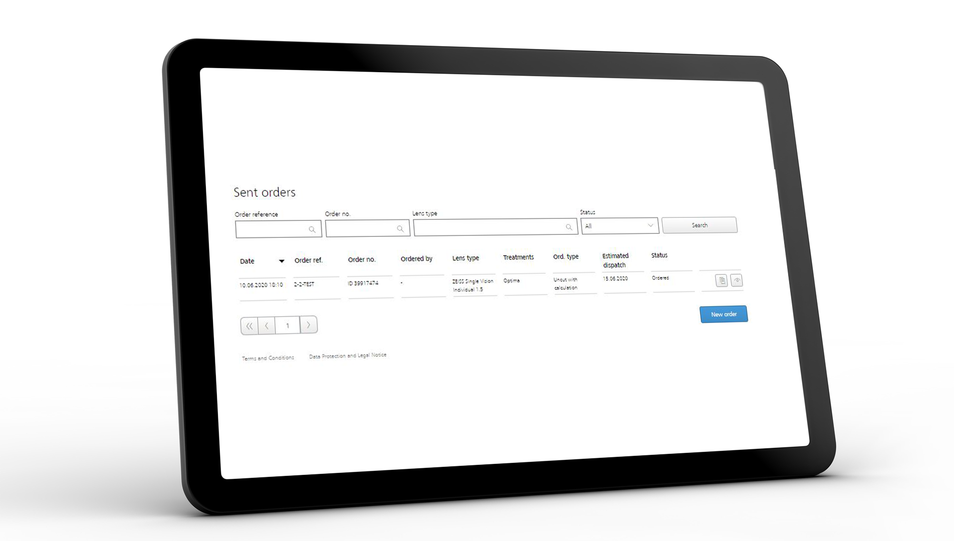 Pantalla de tableta con la interfaz de ZEISS VISUSTORE para los pedidos enviados 