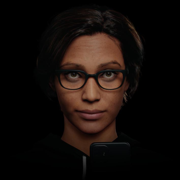 Ilustración animada de una persona moviendo los ojos y la cabeza, mirando a través de distintas partes de sus lentes SmartLife a un smartphone y a diferentes distancias en un modelo 3D, seguida de cientos de puntos luminosos de datos que forman el número 12,5