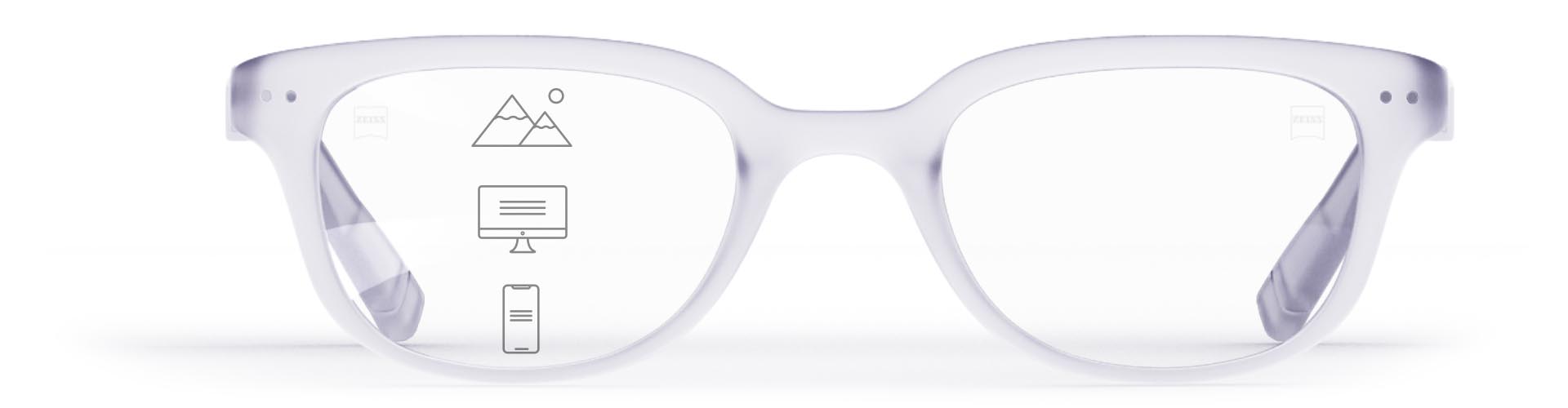 Lentes progresivos ZEISS SmartLife en una elegante montura transparente con iconos que indican las distintas zonas de visión: cercana, media y lejana