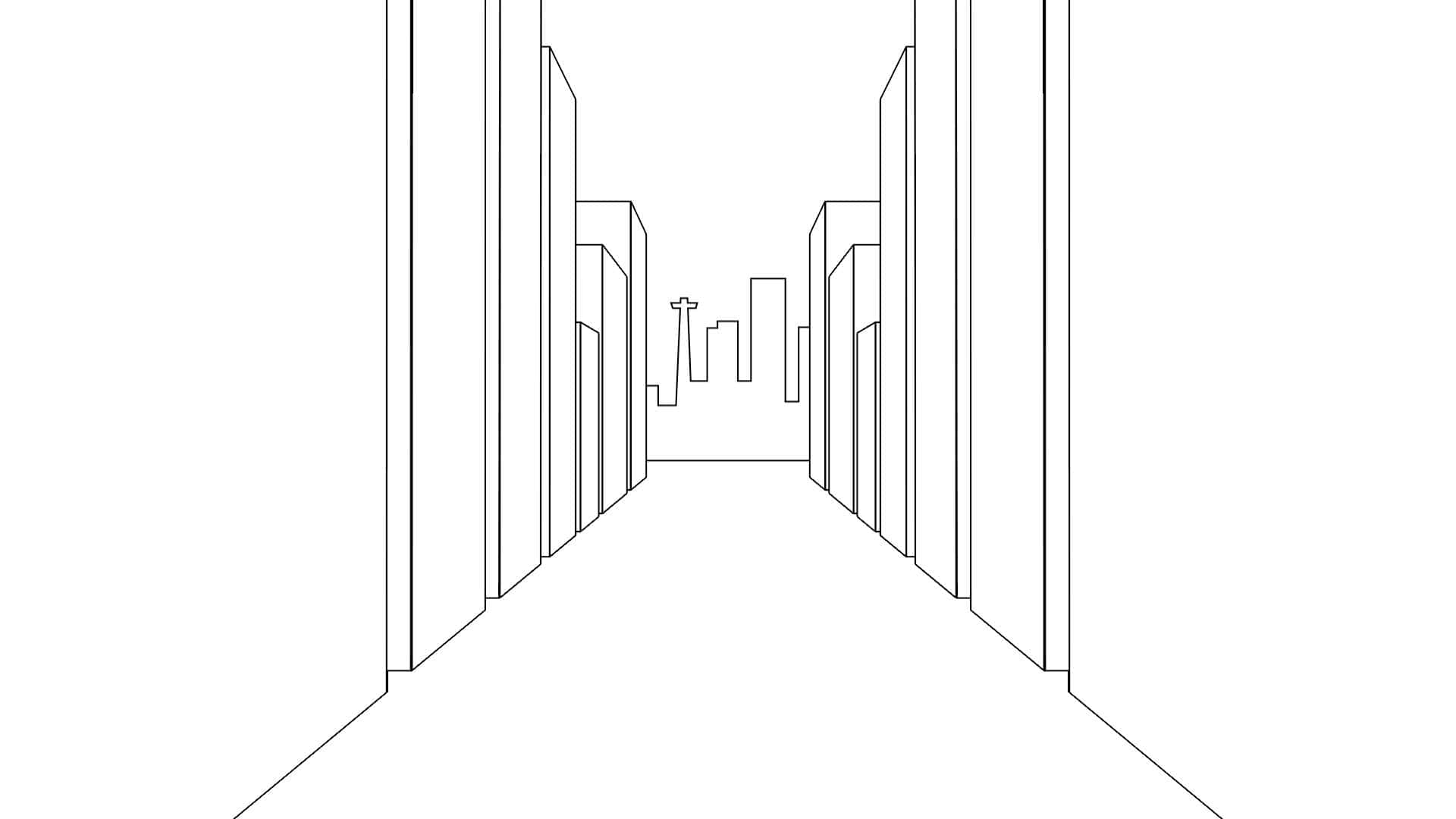 Punto de vista de una persona que camina por una ciudad ilustrada con un smartphone.