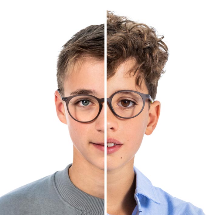 La mitad del rostro de un adolescente junto a la mitad del rostro de un niño, cambiando al retrato completo del niño con un escaneado del rostro y la montura que aparecen